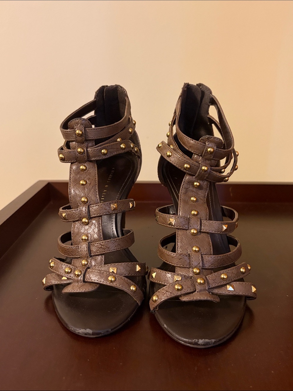 Studded Brown Strappy High-Heel Sandals - Women